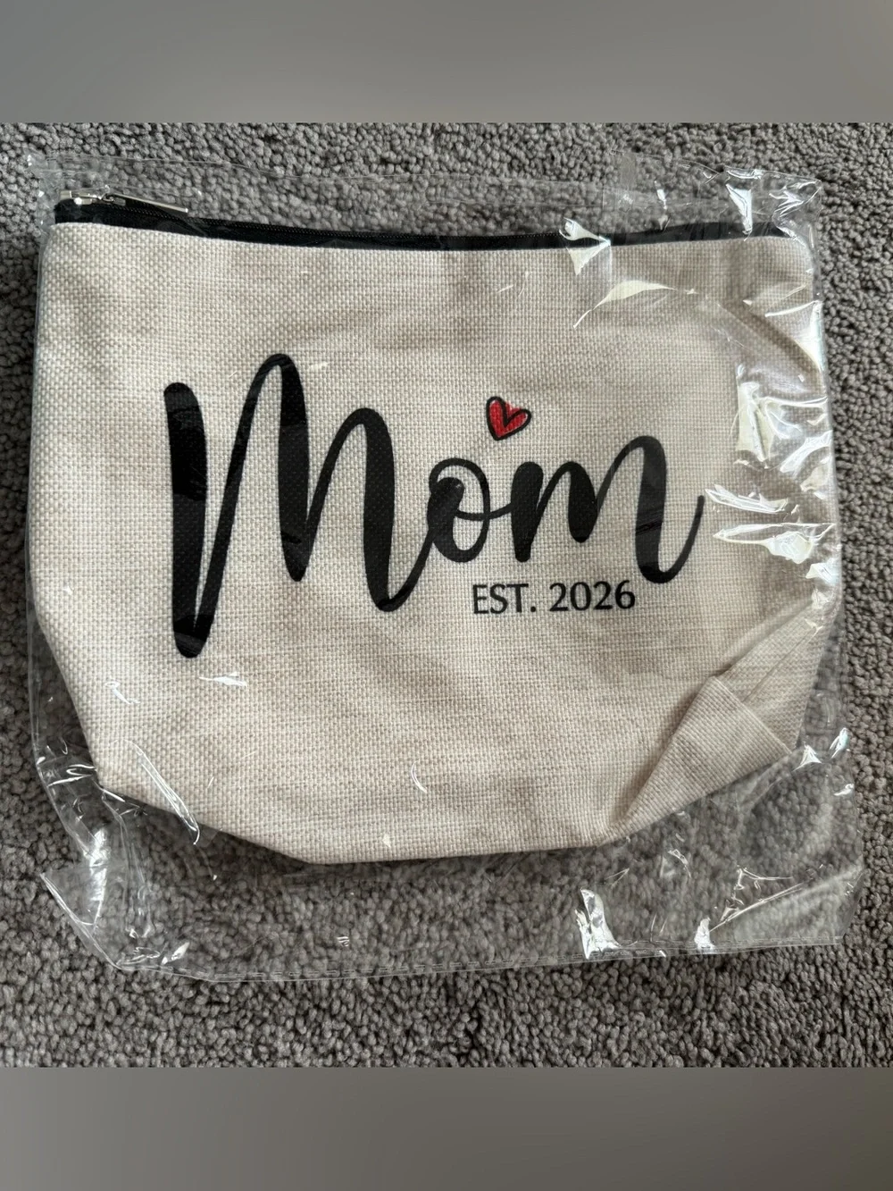 Mom Est. 2026 Canvas Makeup Bag - Natural with Black & Red